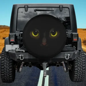 Black cat face with yellow eyes cat spare tire cover no camera hole for Jeep SUV RV