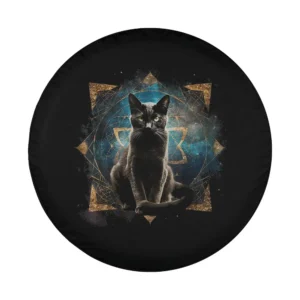 Mystical black cat with gold geometric star digital artwork for spare tire cover