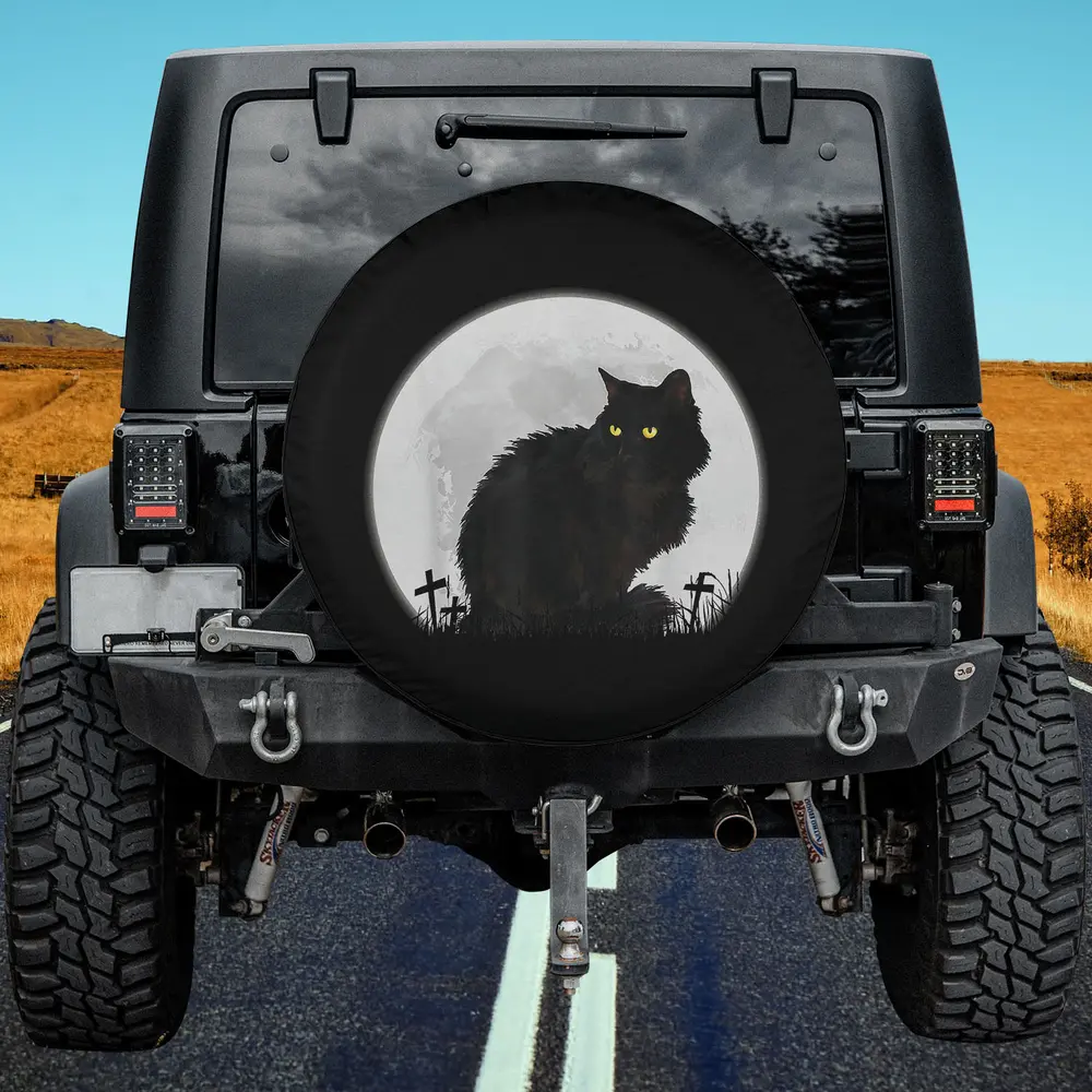 black cat graveyard moon halloween spare tire cover with no camera hole for Jeep SUV RV