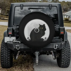 black cat graveyard moon halloween spare tire cover with backup camera hole for Jeep SUV RV