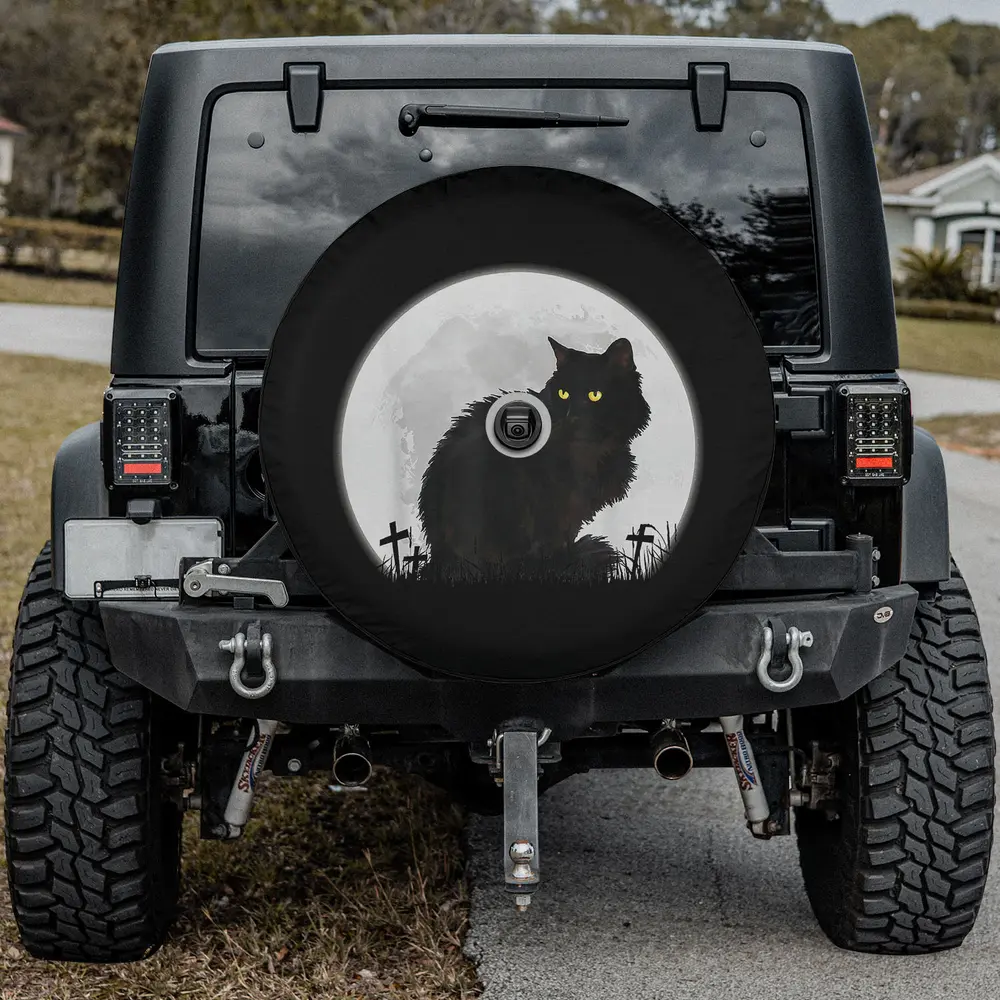 black cat graveyard moon halloween spare tire cover with backup camera hole for Jeep SUV RV