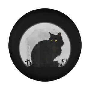black cat with yellow eyes and moon graveyard halloween tire cover design