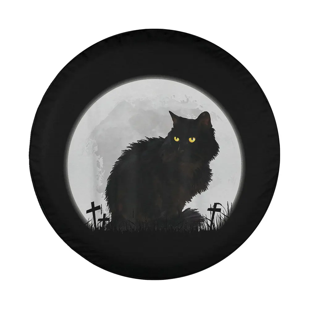 black cat with yellow eyes and moon graveyard halloween tire cover design