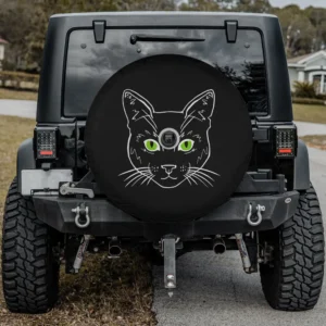 black cat green eyes cat face spare tire cover with camera hole for Jeep SUV RV
