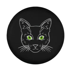 minimalist black cat green eyes cat face tire cover design art