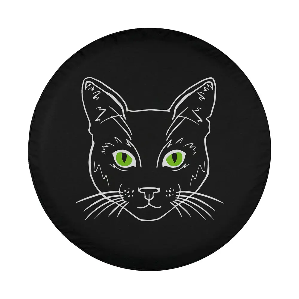 minimalist black cat green eyes cat face tire cover design art