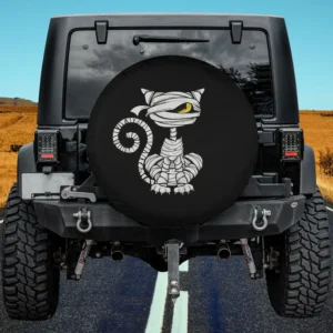 Black cat mummy yellow eye halloween spare tire cover with no camera hole on Jeep