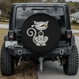 Black cat mummy yellow eye halloween spare tire cover with camera hole for SUV or RV