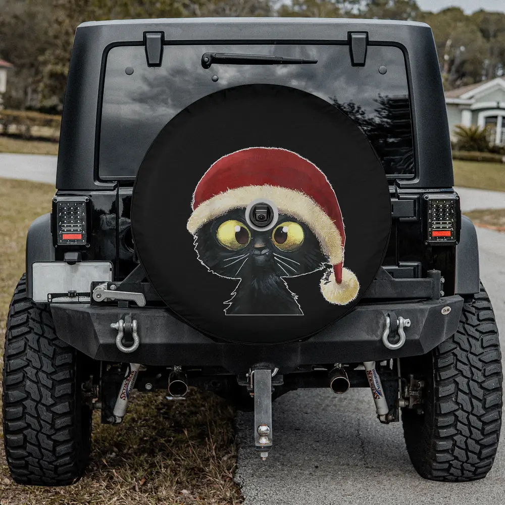 Black cat Santa hat Christmas spare tire cover for Jeep with backup camera hole option