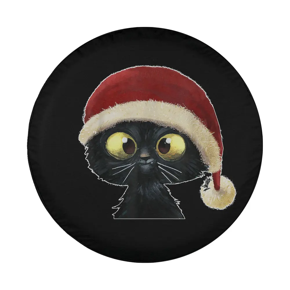Festive black cat in Santa hat Christmas tire cover design illustration