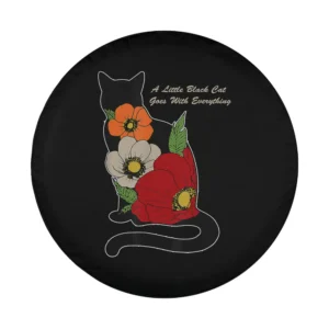 Artistic black cat silhouette with red orange white flowers spare tire cover design