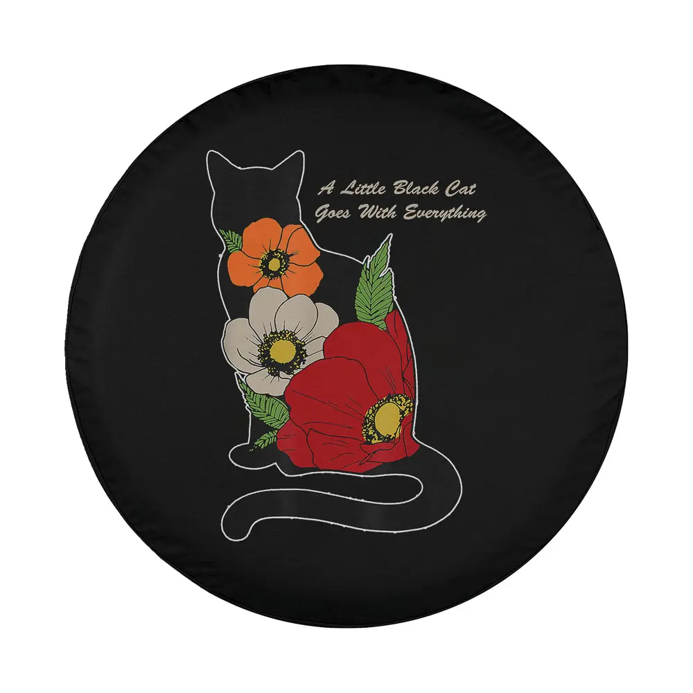 Artistic black cat silhouette with red orange white flowers spare tire cover design