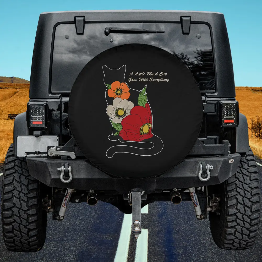 Black cat silhouette with floral accent spare tire cover for Jeep SUV RV no camera hole