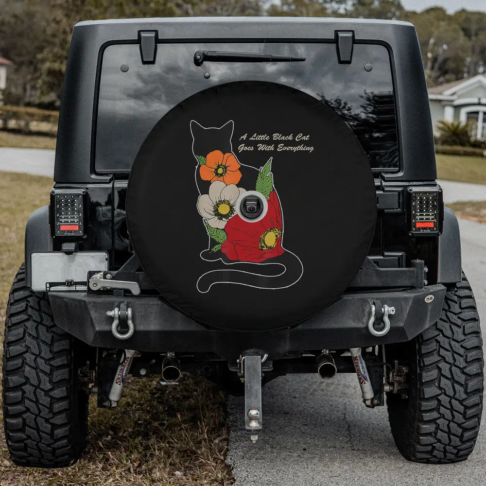 Black cat silhouette floral accent spare tire cover with backup camera hole for Jeep SUV RV