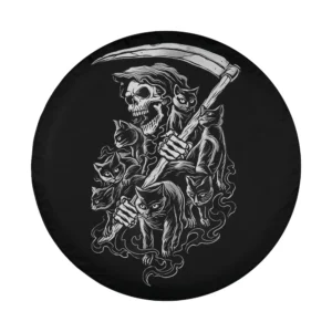Design of black cat skeleton reaper scythe Halloween spare tire cover artwork