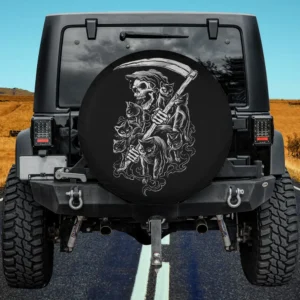 Black cat skeleton reaper scythe Halloween spare tire cover with no camera hole on Jeep
