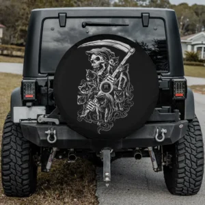 Black cat skeleton reaper scythe Halloween spare tire cover with backup camera hole for SUV