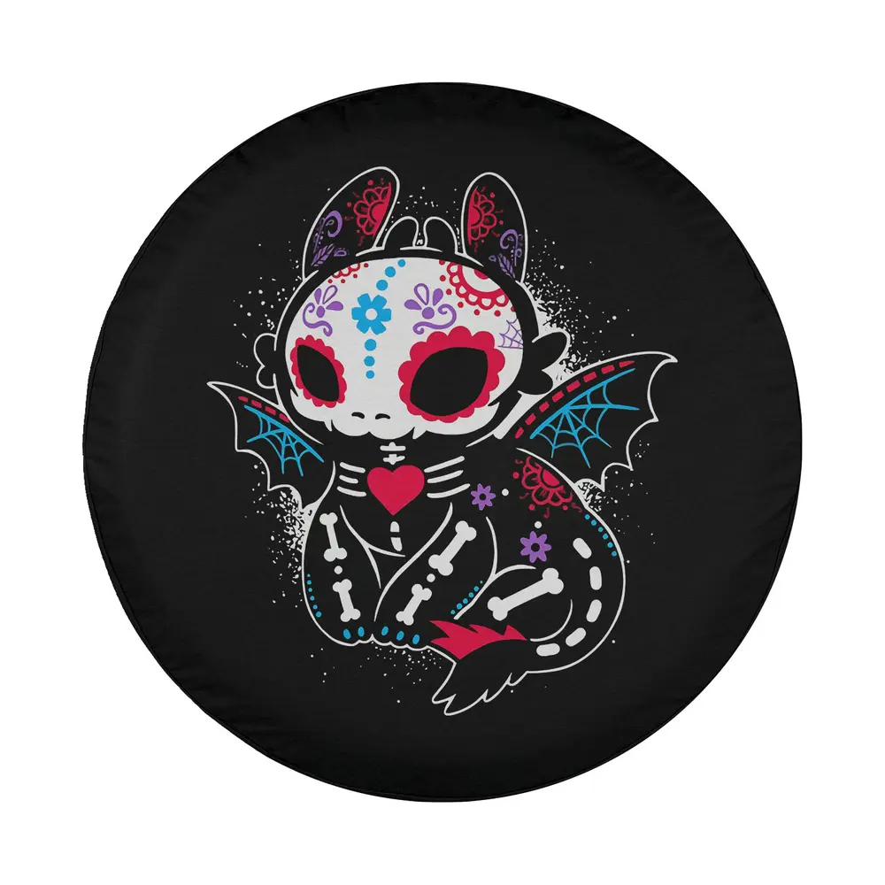Black cat sugar skull bat wings Day of the Dead design closeup