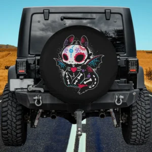 Black cat sugar skull with bat wings Day of the Dead spare tire cover no camera hole