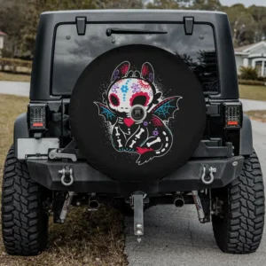 Black cat sugar skull bat wings Day of the Dead spare tire cover with camera hole
