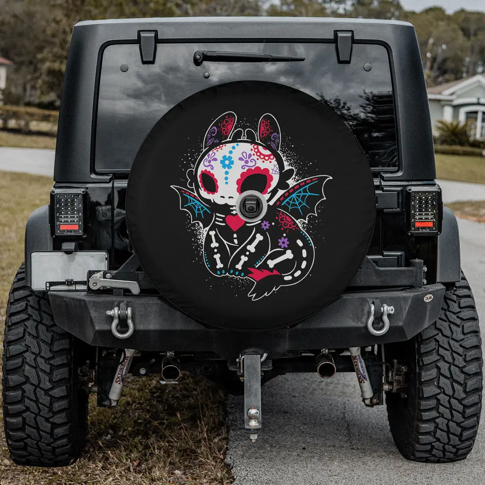 Black cat sugar skull bat wings Day of the Dead spare tire cover with camera hole