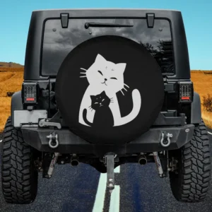 Black cat and white cat silhouette cat spare tire cover with no camera hole for Jeep, SUV, RV