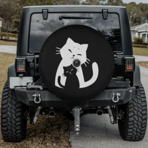 Black cat and white cat silhouette cat spare tire cover with backup camera hole for Jeep, SUV, RV