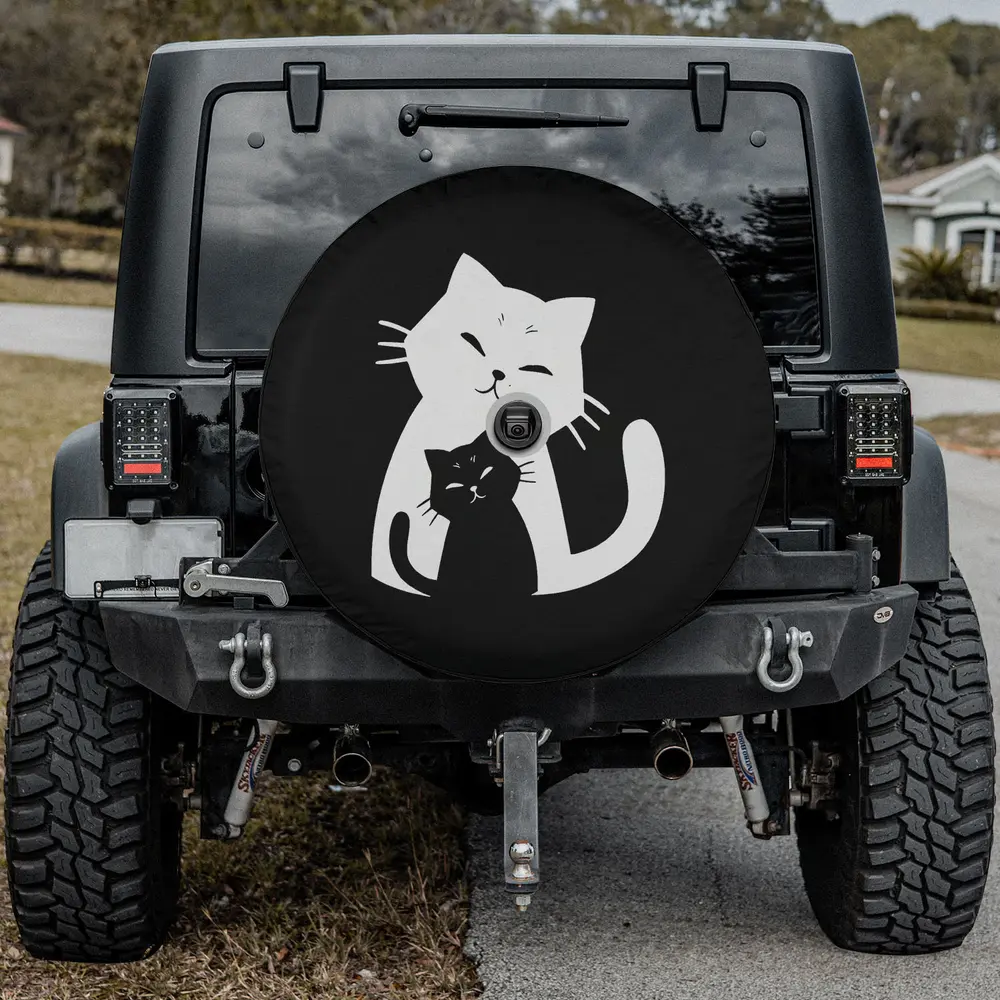 Black cat and white cat silhouette cat spare tire cover with backup camera hole for Jeep, SUV, RV