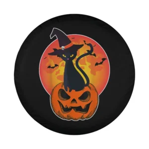Cute Halloween black cat with witch hat and pumpkin cartoon design