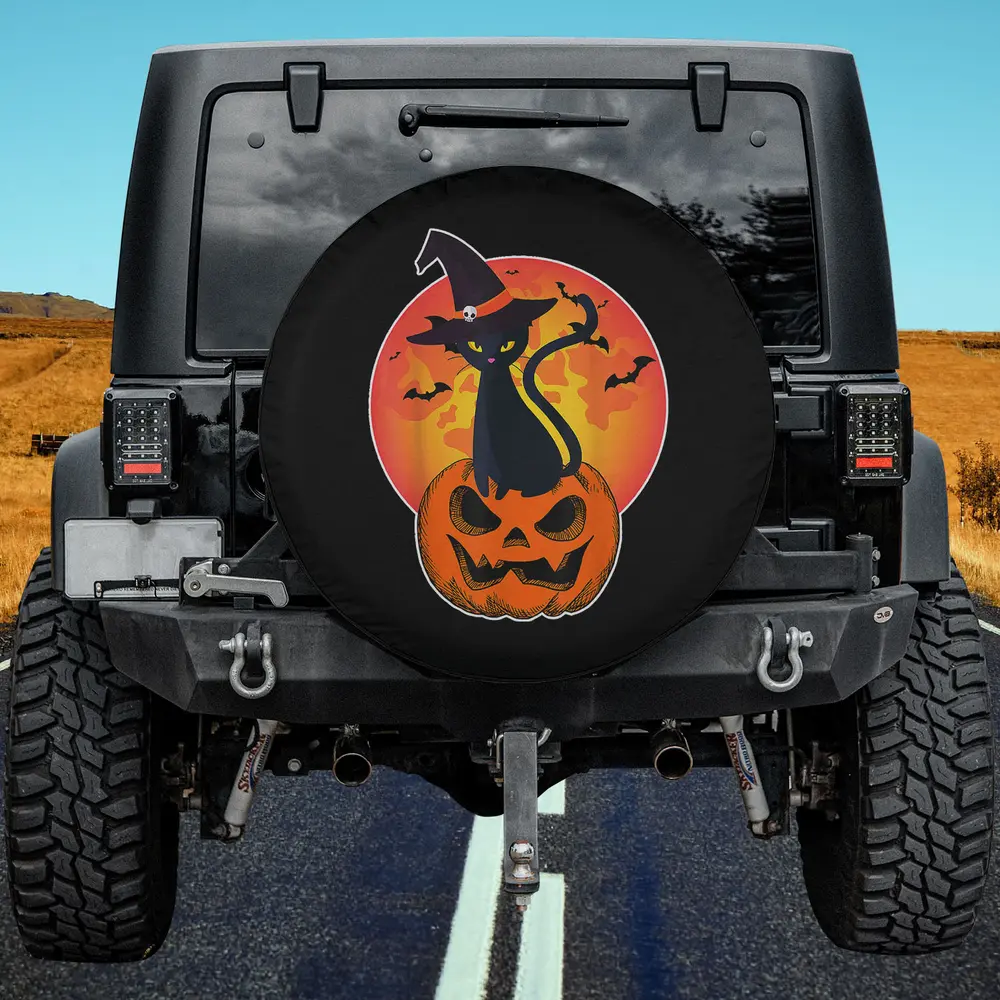 Black cat in witch hat on pumpkin with bats Halloween spare tire cover no camera hole