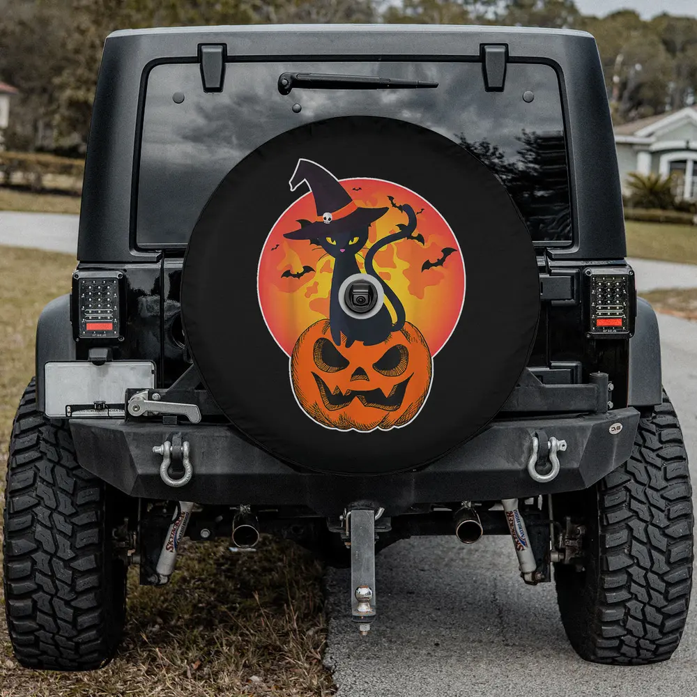 Black cat witch hat pumpkin Halloween spare tire cover with backup camera hole Jeep RV