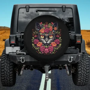 Black Cat Yellow Eyes Pink Roses Spare Tire Cover No Camera Hole
