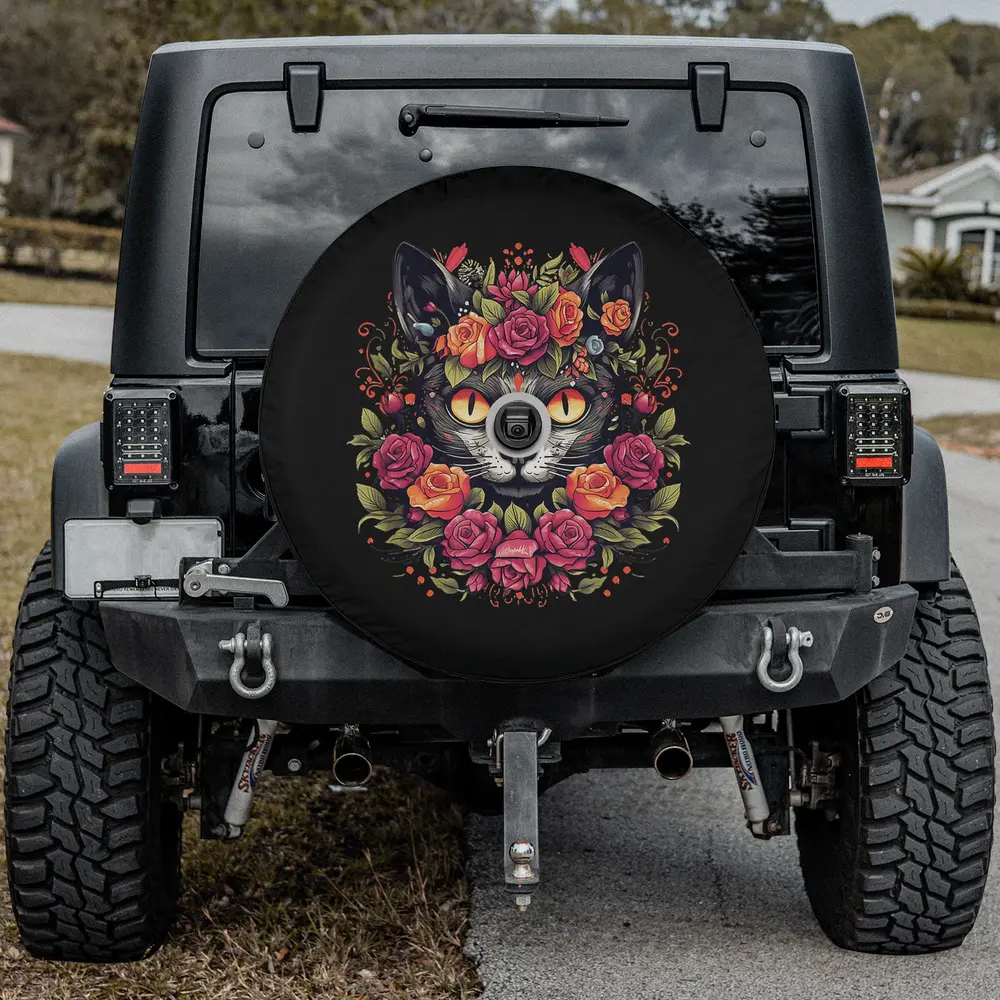 Spare tire cover with black cat yellow eyes pink roses, fits backup camera Jeep RV