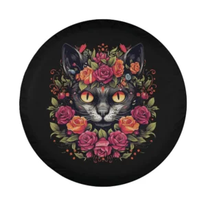 Illustrated black cat yellow eyes pink roses floral tire cover design art