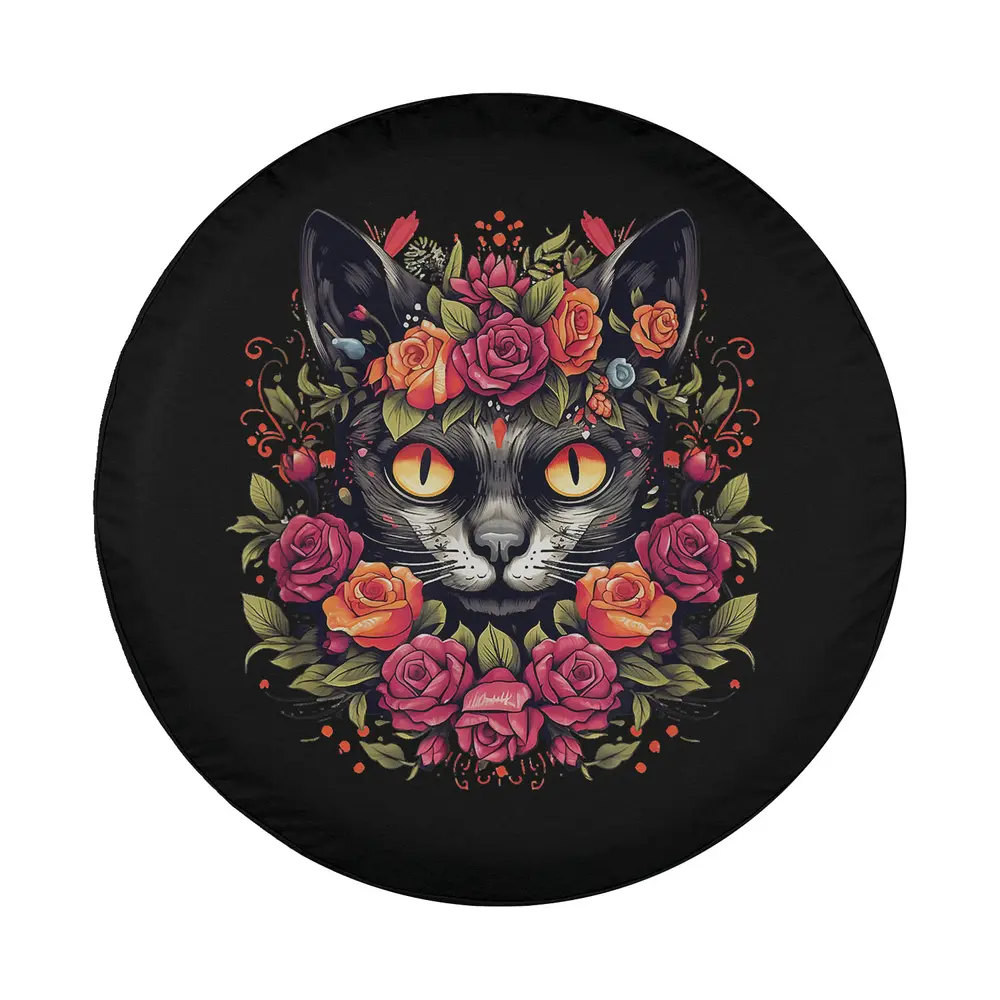 Illustrated black cat yellow eyes pink roses floral tire cover design art