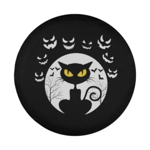 Halloween spare tire cover design with black cat yellow eyes pumpkin faces and bats