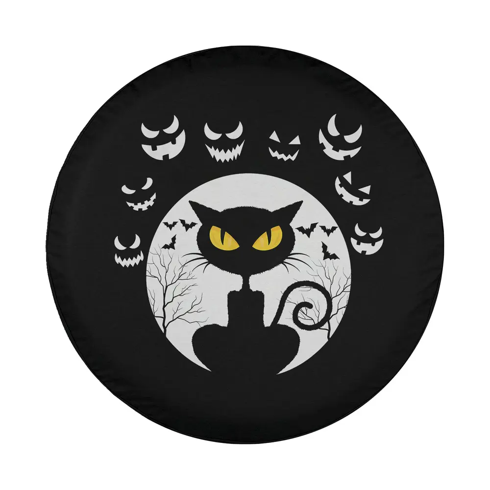 Halloween spare tire cover design with black cat yellow eyes pumpkin faces and bats