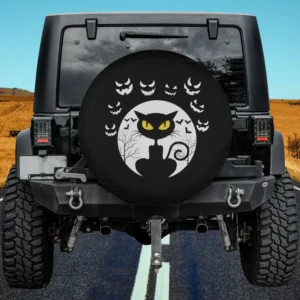 Black cat with yellow eyes and pumpkin faces Halloween spare tire cover no camera hole