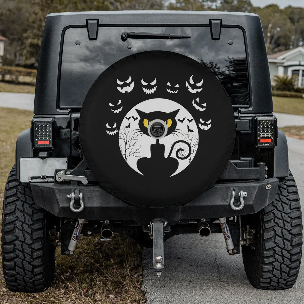 Black cat yellow eyes pumpkin faces Halloween spare tire cover with backup camera hole