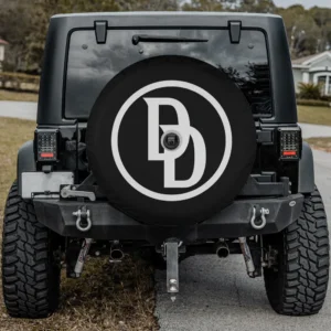 Black circle DD logo Marvel Daredevil spare tire cover with camera hole for Jeep and trailer