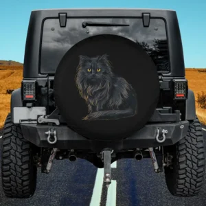 Black longhair cat with yellow eyes spare tire cover for Jeep, SUV, RV