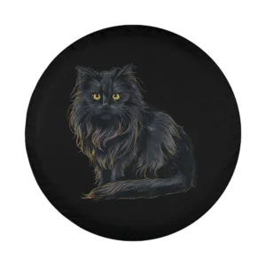 Detailed black longhair cat yellow eyes illustration spare tire cover