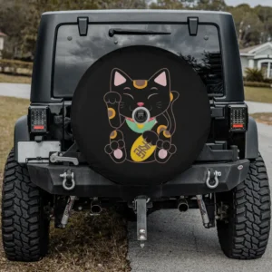 Black Maneki-Neko gold coin Japanese lucky cat spare tire cover with camera hole