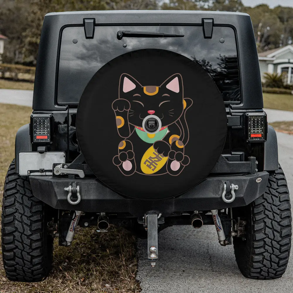Black Maneki-Neko gold coin Japanese lucky cat spare tire cover with camera hole