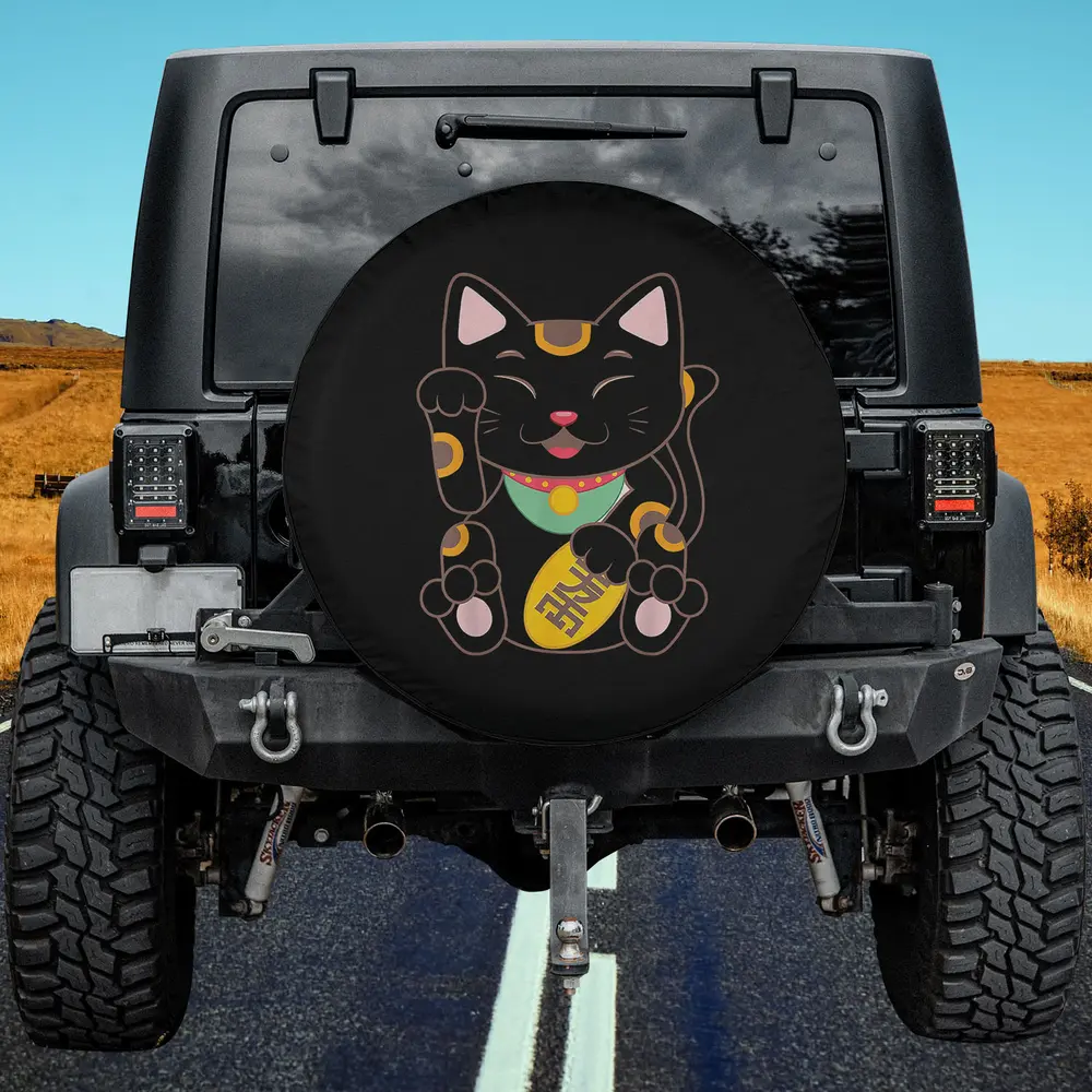 Black Maneki-Neko gold coin Japanese lucky cat spare tire cover no camera hole