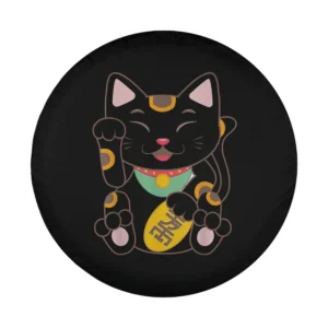Black Maneki-Neko gold coin Japanese lucky cat design for spare tire cover