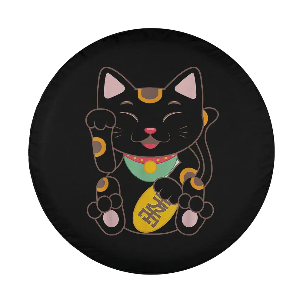 Black Maneki-Neko gold coin Japanese lucky cat design for spare tire cover