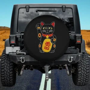 Black maneki neko gold coin lucky cat spare tire cover on Jeep