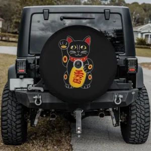 Black maneki neko gold coin lucky cat spare tire cover with camera hole
