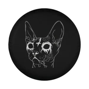 Minimalist line art Sphynx cat in black metal goth death metal style tire cover